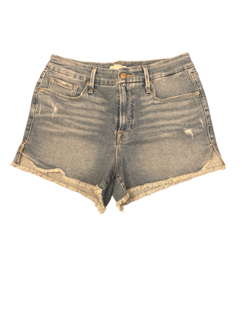 Good American Good Curve High Waist Light Blue Distressed High-Rise Denim Shorts - Picture 5 of 8